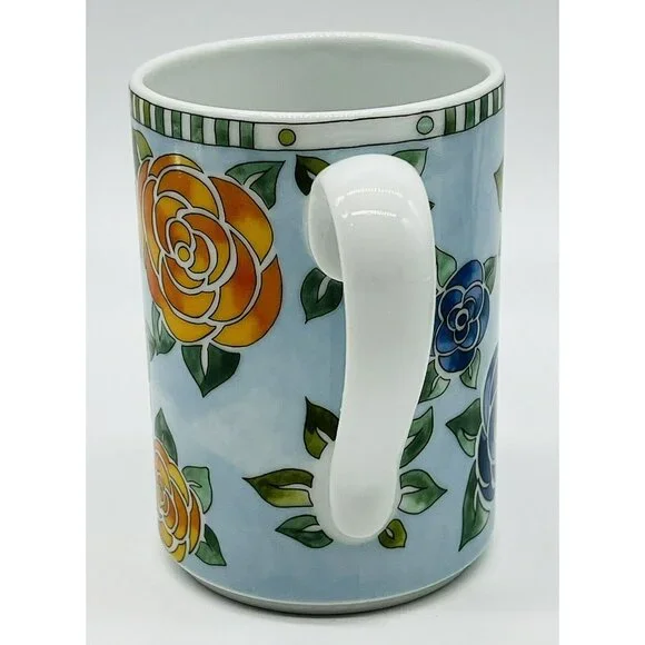 Dansk Danika Rose Coffee Mug Orange Blue Red Roses 4 inch 10 ounce 2015 Lot of 2 - Picture 3 of 11